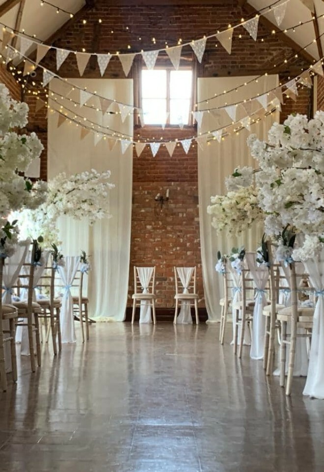 parkhill house hotel barn wedding suffolk, white venue decor