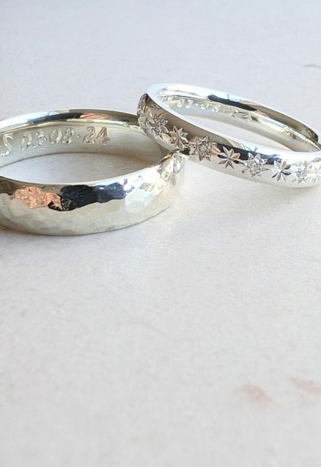 9ct white gold and silver engraved and diamond set wedding rings