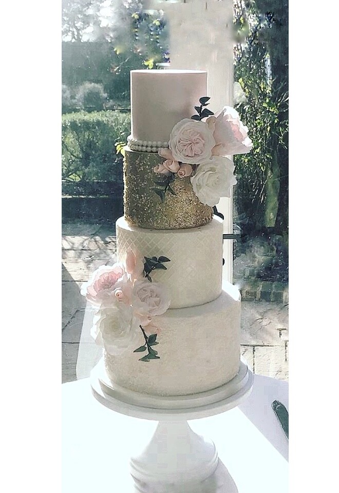 Pale pink, white & gold wedding cake with glitter squares and sugar roses