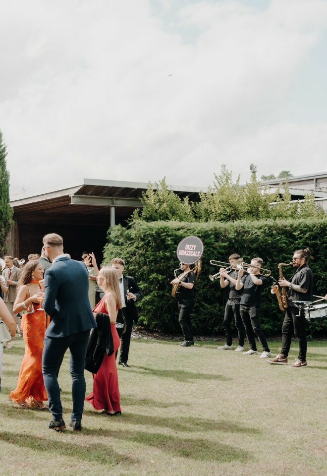roaming wedding band performs at Elmore Court, Gloucestershire