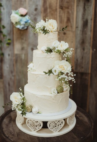 White tiered rustic look wedding cake from Gails Cake Pantry, Wedding at The Sheep Shed