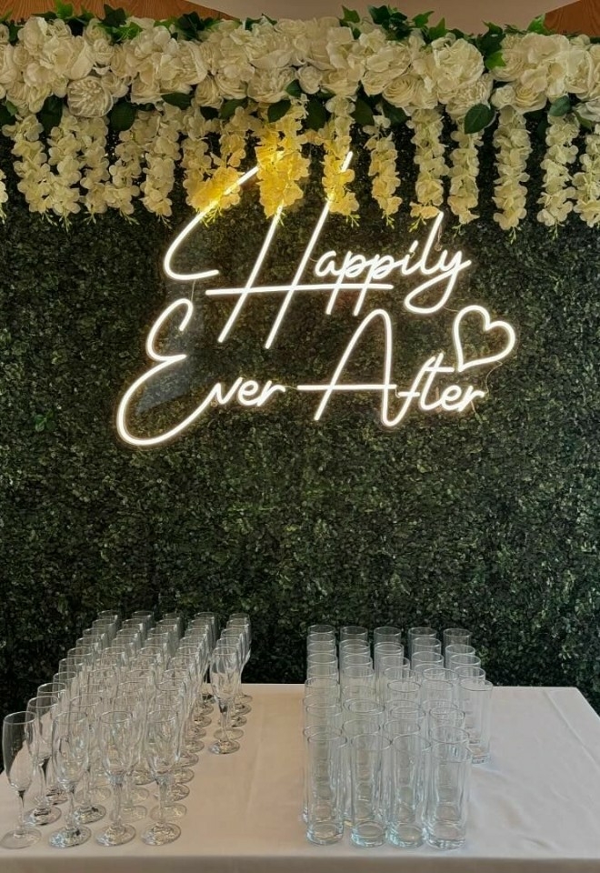 neon signs, prosecco flower wall venue decor hire heaven