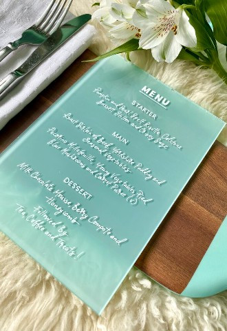 Wedding Menu on acrylic sheets with calligraphy Mint lettering Buckinghamshire