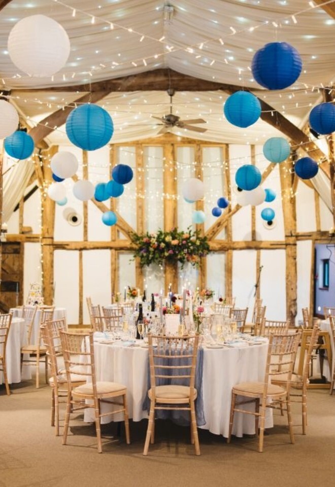 Gorgeous blue styling in the Tudor Barn at South Farm barn wedding venue in Hertfordshire & Cambrideshire