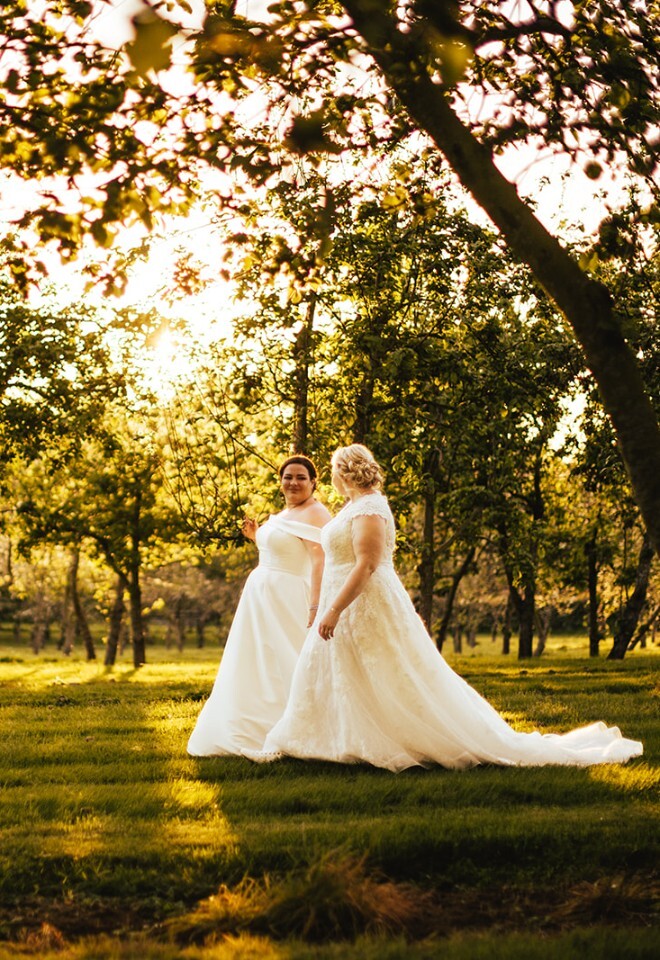 same sex wedding in orchard, Herefordshire