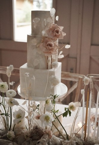 Dusty rose wedding cake designed by Wren Cake Design