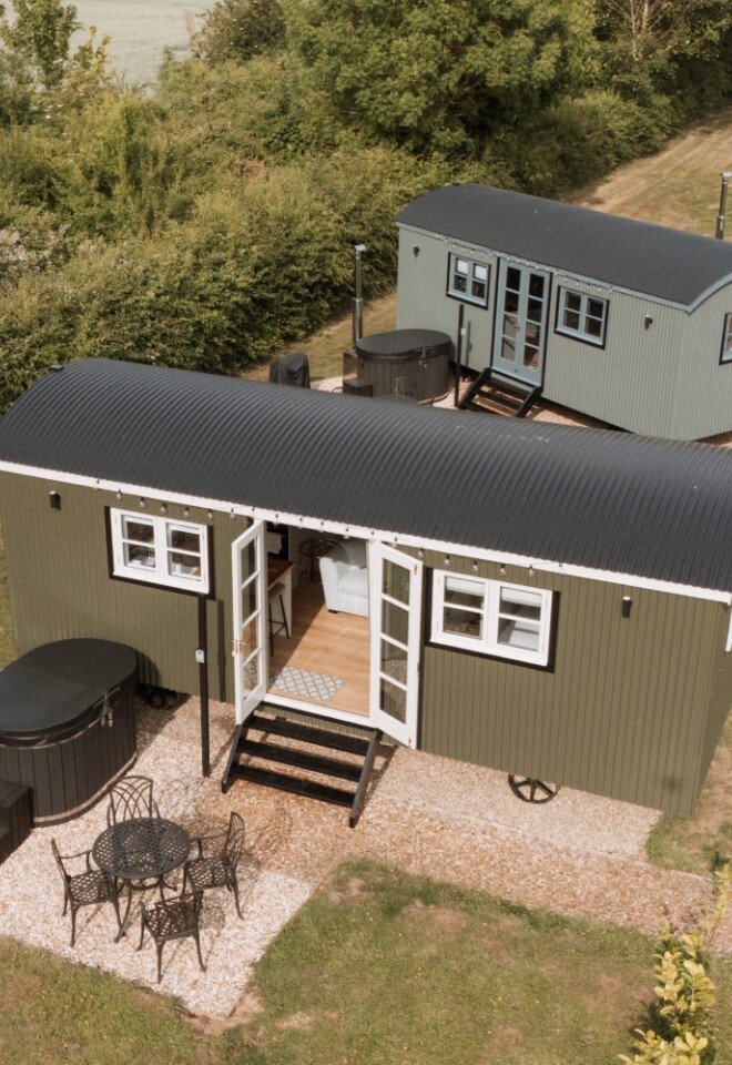 Shepherds hut in the meadow at Hall Farm self catering accomodation with Hot Tub