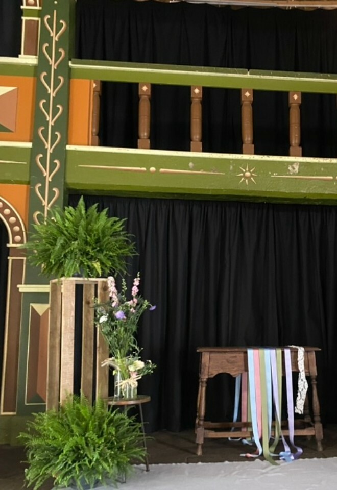 Handfasting ribbons ready in ancient Abbey building