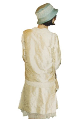 Silk dupion 1920s inspired wedding suit with lace trim, Silk bag and lace trimmed hat