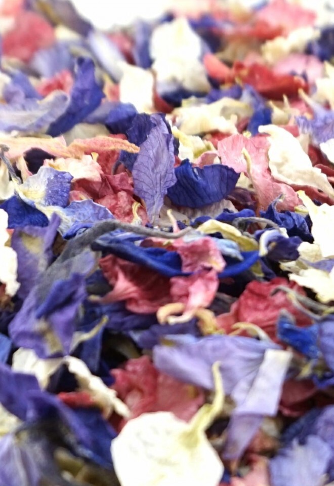 The Dried Petal Companys Biodegradable Wedding Confetti Larkspur Petals Very Berry Mix Pink Cream Ivory Blue Purple