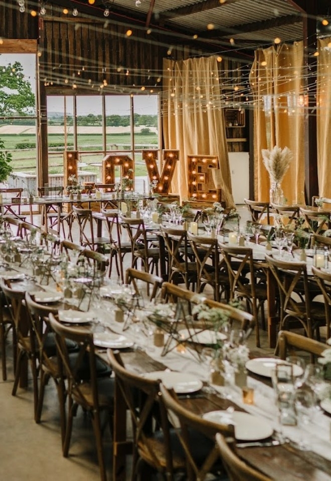 Wedding Breakfast set up at Grange Barn Marbury