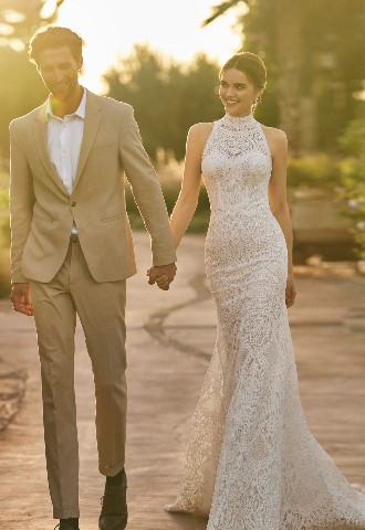 Ludovica mermaid wedding dress halter neckline & open back from Alma Novia 2024 collection, Boa Boutique Surrey