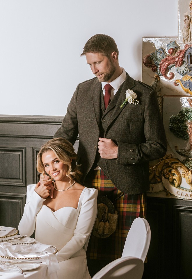 Wedding breakfast styling and couple portrait at The Collector’s Hall wedding venue in Glasgow