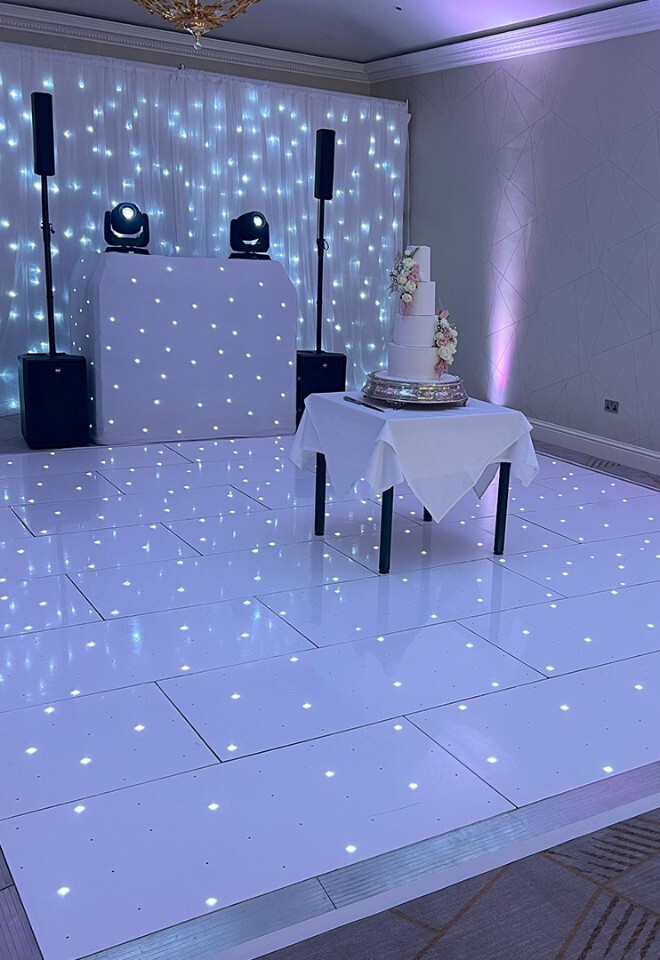 Nightlights DJ - LOVE Letters, Dancefloor, White Starcloth Backdrop & Uplighting Royal Berkshire Hotel