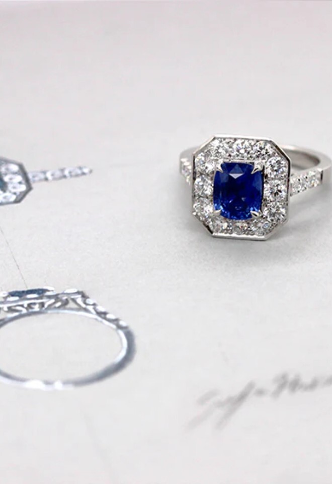 bespoke diamond and blue sapphire engagement ring