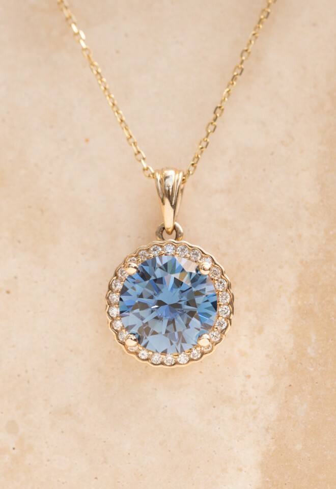 Intense Blue lab Grown Diamond Halo Pendant