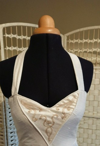 Hand Embroidery detail on Silk dupion halter neck wedding dress