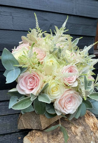 blush and cream roses with light green foliage and little pearls wedding bouquet by ann laing flowers, harwell, oxfordshire