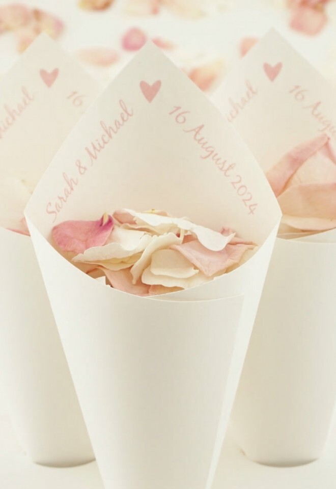 The Dried Petal Companys Handcrafted Wedding Confetti Cones Personalised Love Heart