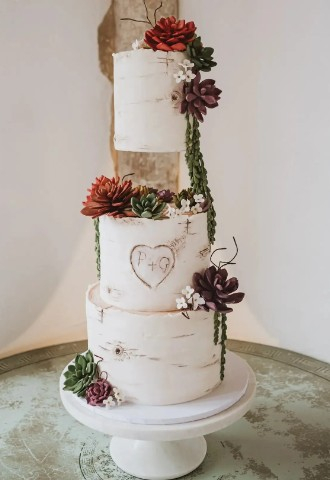Sugar Succulents and Silver Birch Finish Wedding Cake