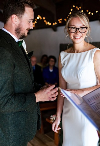 Celebrant Lisa with bride and groom at Pentillie Castle