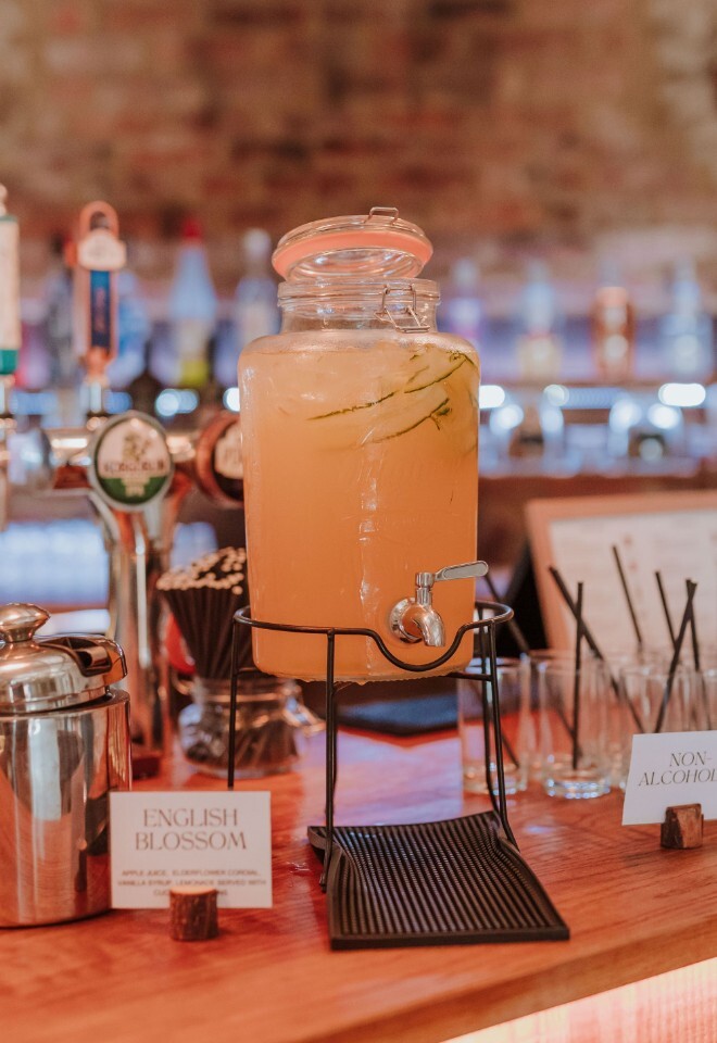 A show of the drink options available at an Oxfordshire barn wedding venue