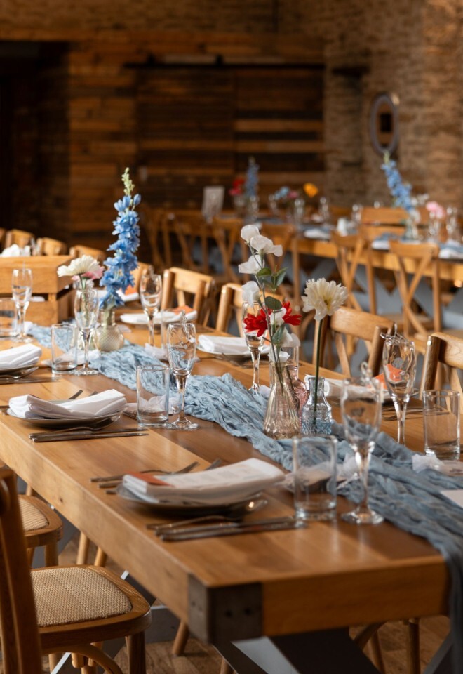 The dining area for food setup in a Oxfordshire barn wedding venue