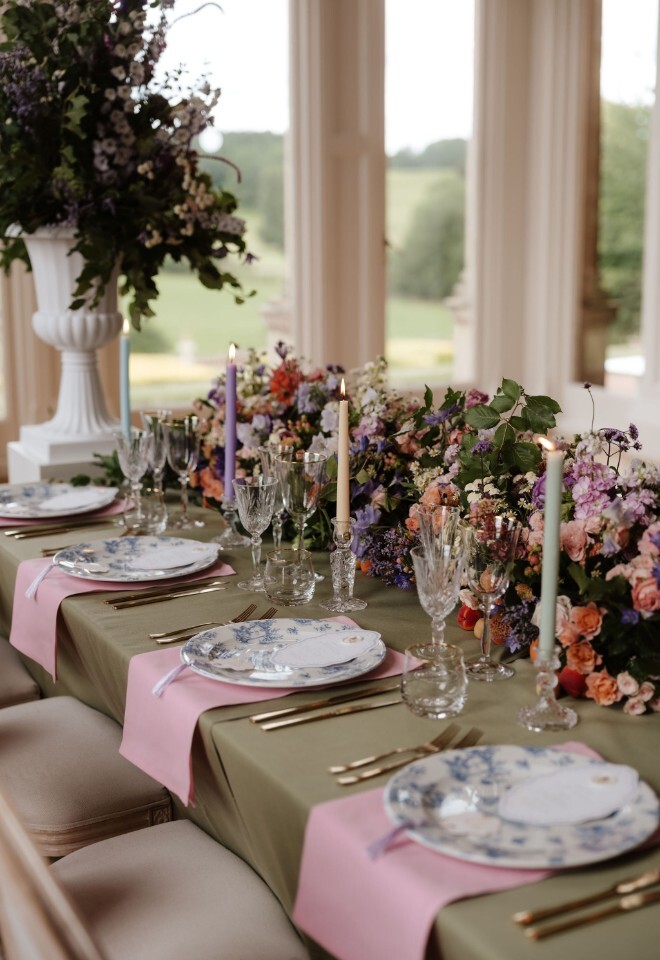 Long Table, Pink Napkins, Green Table Cloth, Crystal Cut Glasses, Vintage Vibe Plates