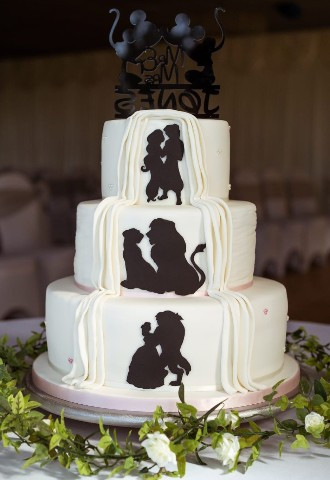 Disney sihouette tiered wedding cake, Mickey Mouse, Aladin, Lion King & Beauty and the beast by Gails Cake Pantry Powys