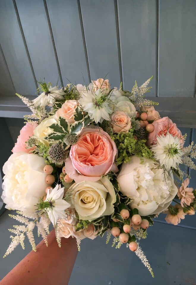 Summer bridal bouquet with peonies and garden roses from a Milton Hill House Hotel wedding