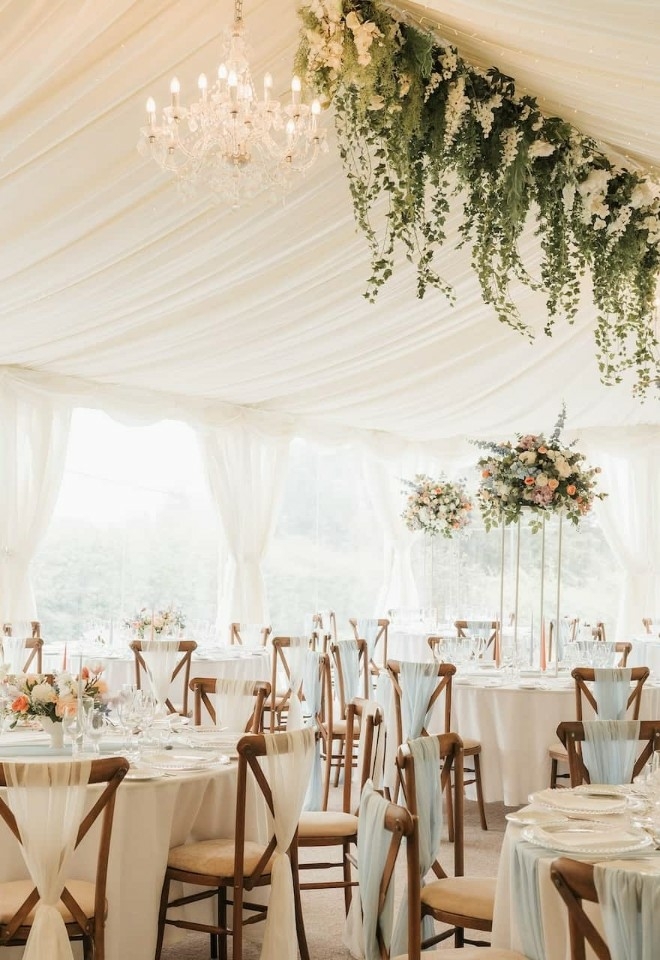 Wedding breakfast set-up in the marquee