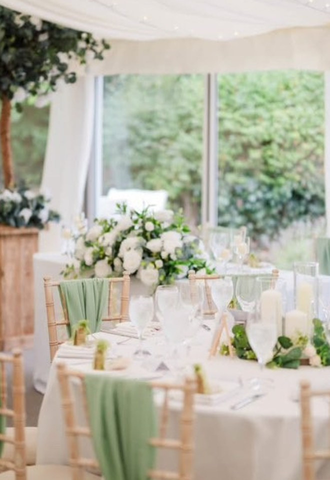 Our light-filled garden marquee, beautifully styled for a wedding breakfast