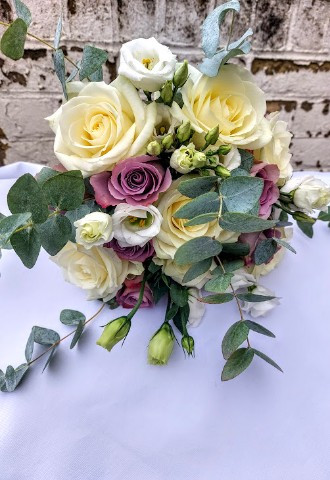White and pink rose bridal bouquet with eucalyptus, Flowers by Marion, Kent