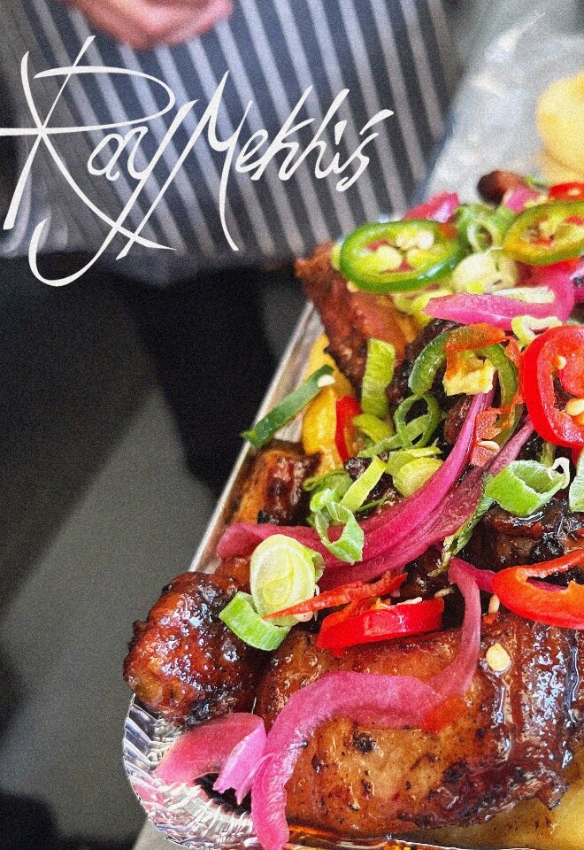 Pork belly burnt ends loaded fries, with pickled red onion, srring onion, sweet, sticky glaze and topped with fresh chillies