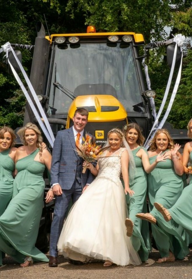 bride and groom with bridesmaids