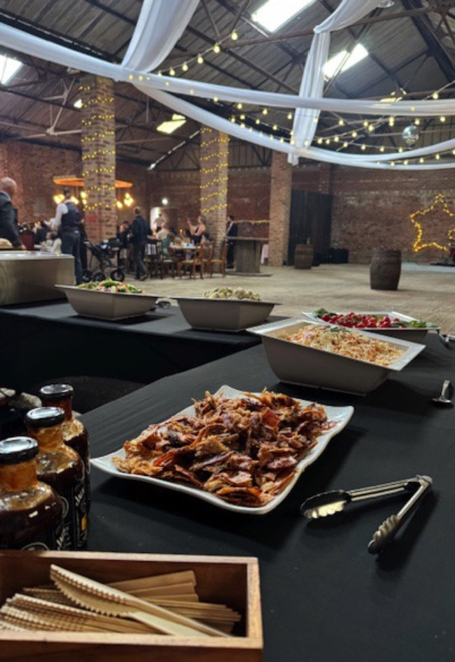 Hog roast and buffet catering set up for a wedding reception in Lancashire