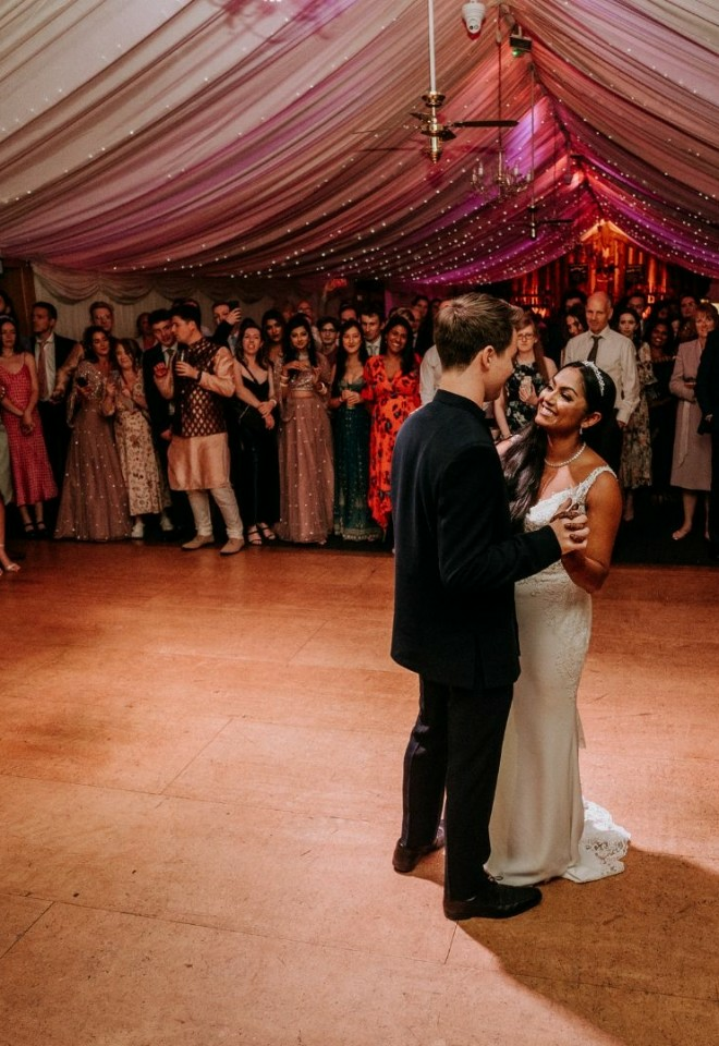 first dance for fusion wedding at Heaton House Farm wedding barn Macclesfield