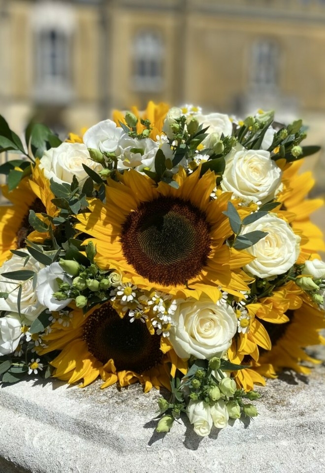 Sunflower and white rose bouquet by hire heaven