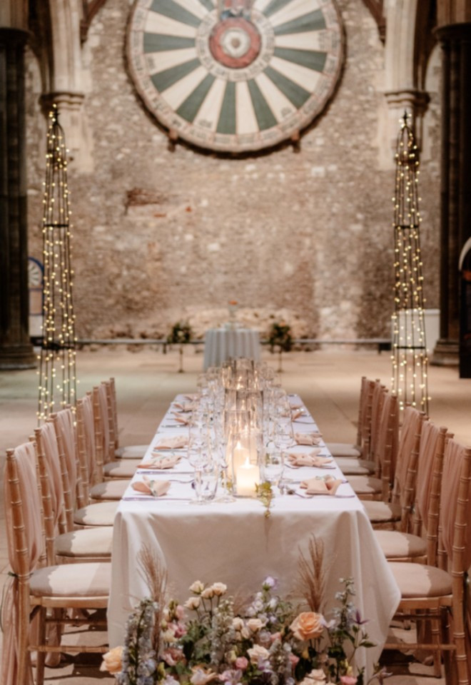 Dusky Pink Wedding Breakfast in the Great Hall in Winchester