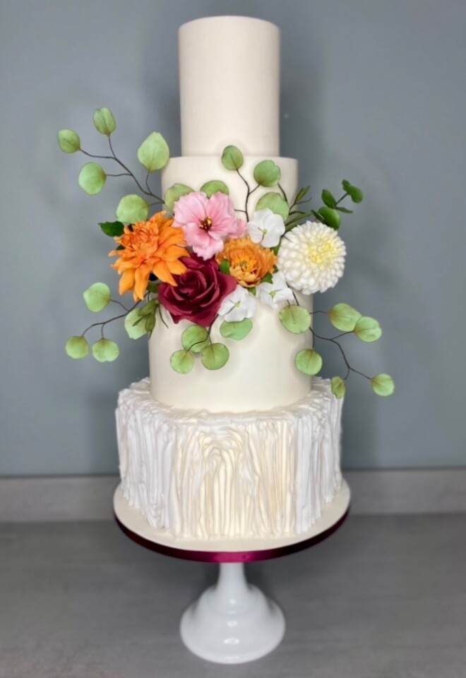 Wedding Cake with Sugar Flowers and Vera Ruffles by Cakes of Curiosity