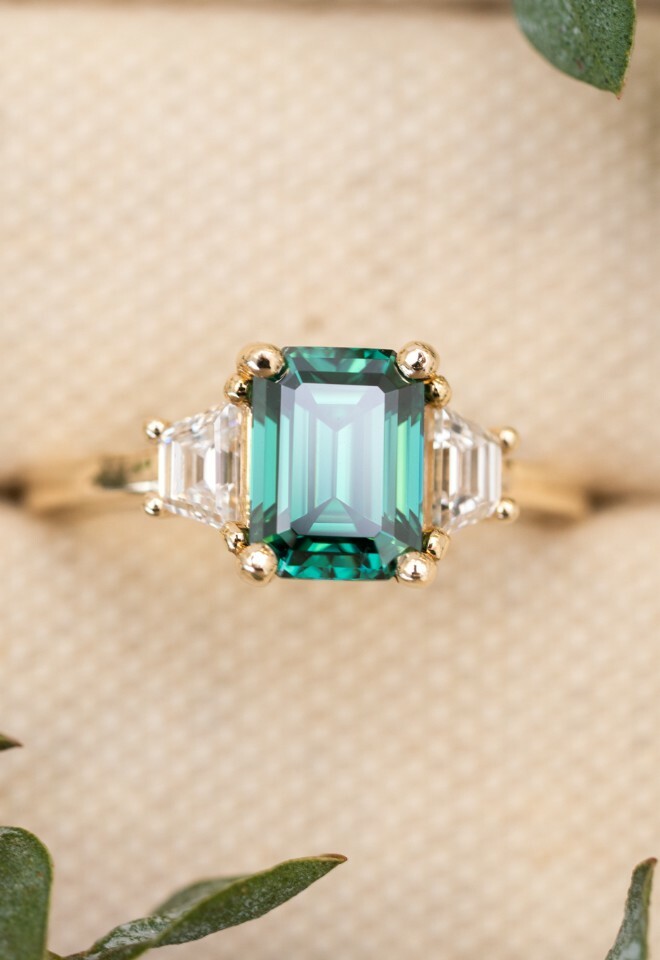 Green Moissanite & Lab Grown Diamond Art Deco Engagement Ring