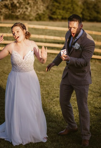 Bride and groom being shocked by Richard Parson, Gloucestershire Magician