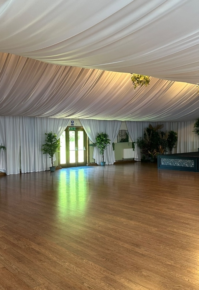 Main hall, Can be used for a larger wedding reception or for a wet weather plan for our cream tea package for a maximum of 30 guests with no accommodation. Or 100 guests with the accommodation.