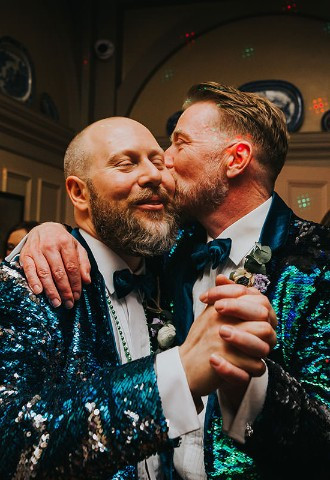 Two grooms celebrating their wedding day at The Lawn, Rochford, Essex
