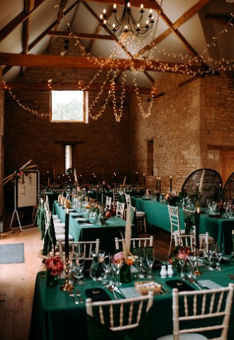 Green and gold wedding breakfast at Upcote wedding barn