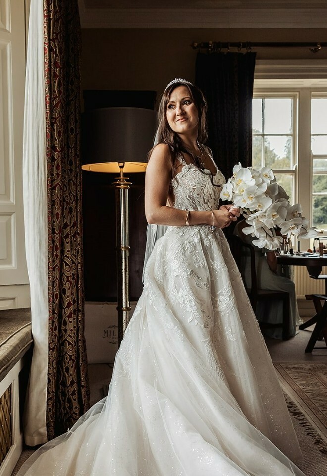 Bride in wedding dress at Swinton Park Hotel