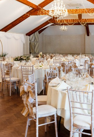 Wedding reception set up at Coed Y Mwstwr Hotel, Bridgend, South Wales