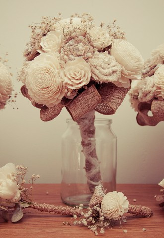 Wedding photography details of three wedding bouquets in jars Oxfordshire wedding