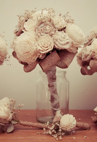 Wedding photography details of three wedding bouquets in jars Oxfordshire wedding