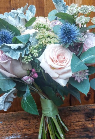 Pretty rose bouquet  with vintage pink roses, thistles and silvery foliage